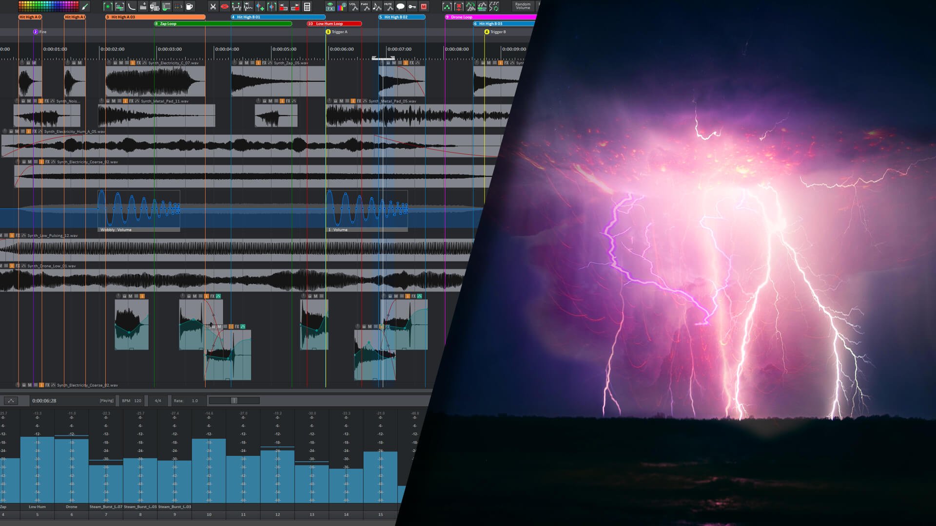 Audio Production Project and Lightning in the Sky Composition image. A collage showing an audio production project open in a sequencer software application on one side, and a big lightning on a stormy sky on the other side.