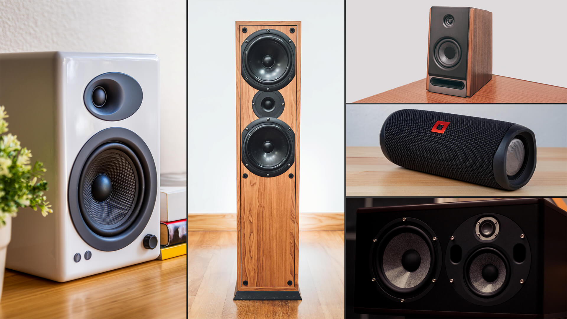 Image of Collage of various speaker types for game room Web.