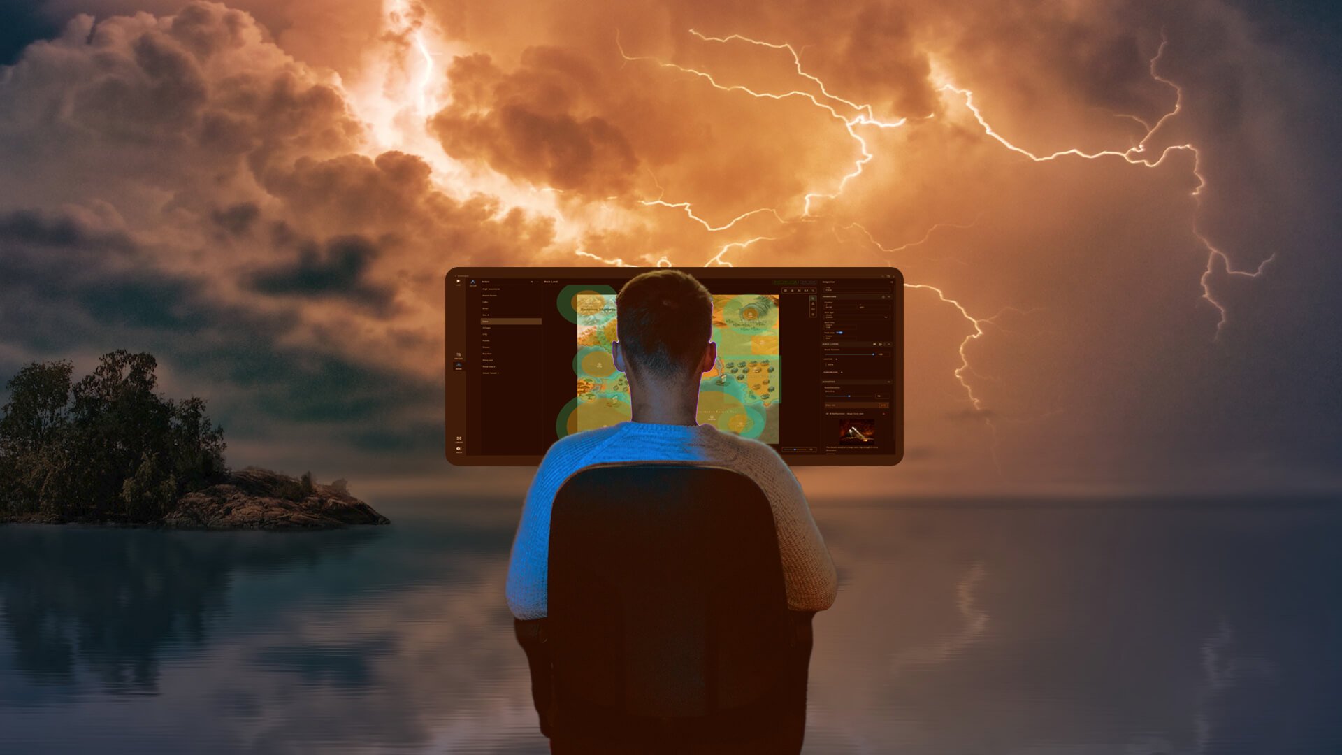 A photographic composition showing a sound designer working on the Echotopia soundscape design application, with an island and sea background with lightning on a cloudy sky.