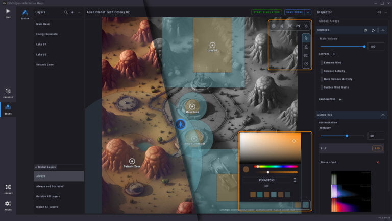 A screenshot of Echotopia showing a side-by-side comparison of how you can change the colors of the layer zones and the map itself to make it easier to work when layering your scenes.