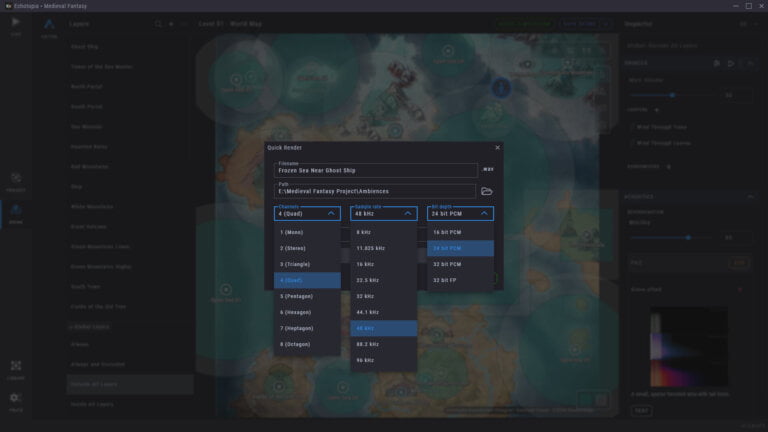 A screenshot of Echotopia's dialog window for rendering any position on your scene to audio files, showing the channel number, sample rate, and bit depth options.