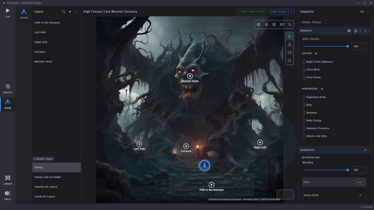 A screenshot of Echotopia's scene editor showing a digital painting of a huge fantasy monster that becomes a cave used as a scene's map. On top of it there are various audio layers that overlap and can be used to export any position for later use in projects and simple audio players, or the user can directly enter Echotopia's live mode to perform the storytelling in real-time.