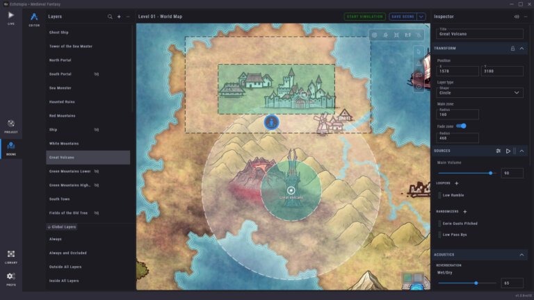 A screenshot of Echotopia showing the scene editor, zoomed on a detail from a medieval fantasy world map. This screenshot shows two layers overlapping and the listener object positioned on the intersection, to show how Echotopia automatically calculates the correct transition between audio layers depending on the listener object.