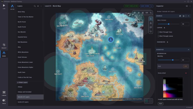 A screenshot of Echotopia showing the scene editor featuring a medieval fantasy world map and layers drawn on top of it to define how the world will sound from each position.