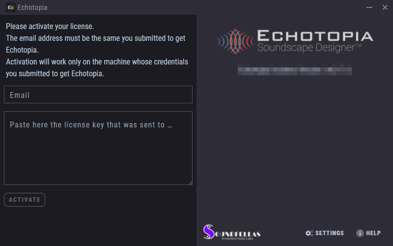 Image of Echotopia launch hub license activation prompt.