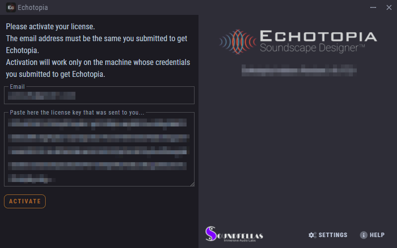 Image of Echotopia launch hub license activation response.