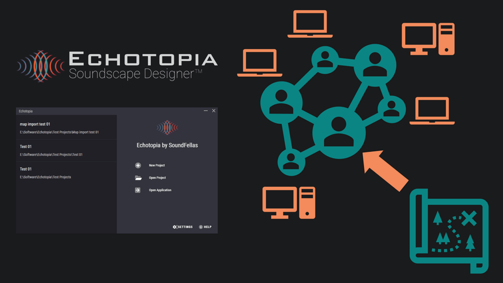 Image of Echotopia project management hub with icons showing map sharing with the community Web.
