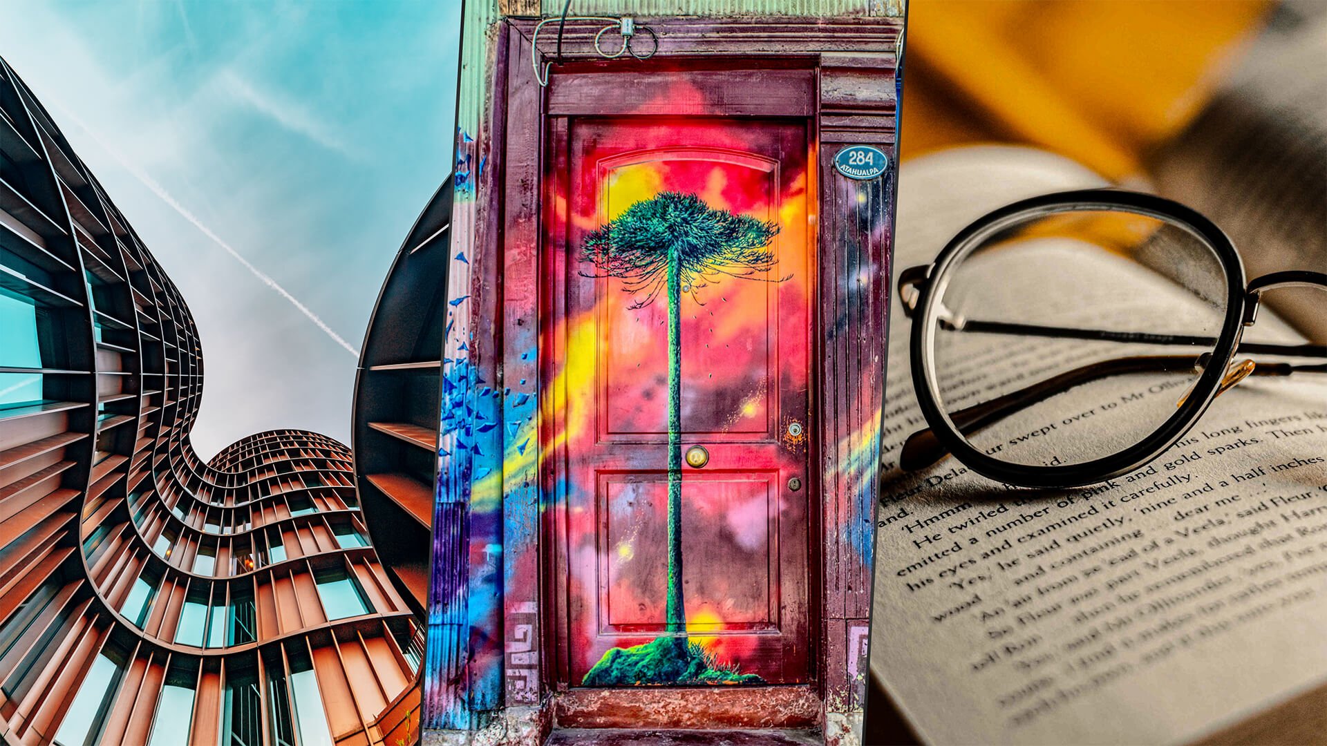 A collage with three images side-to-side showing a a contemporary architecture exterior of a high rise building, an artistic graffiti painted in front of a multicolor psychedelic background on top of a wooden door, and a pair of eyeglasses on top of the pages of an open book, used here as a metaphor that what you produce is either design, art, or knowledge, and you should always produce it with respect to become a masterpiece.