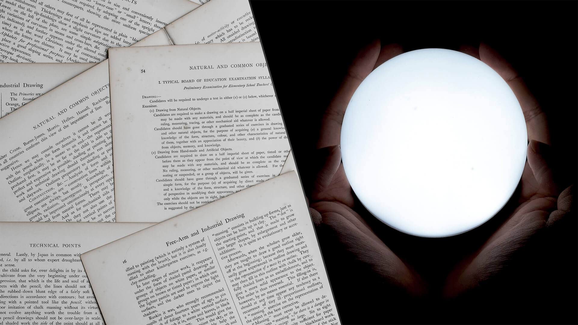 A collage with two images side-to-side showing a stack of scientific publications and two hands holding a glowing magic crystal ball, used here as a metaphor that by following the scientific advantages in your sector you will be able to predict how the future of your sector will unfold.