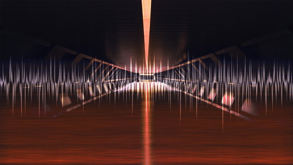 Image of Futuristic building bridge with waveform composite.