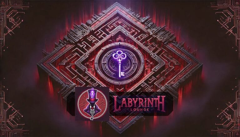 The poster of Robert Tirotta's 'Labyrinth Lounge' brand. Showing an abstract composite of a futuristic labyrinth with the logo and title.