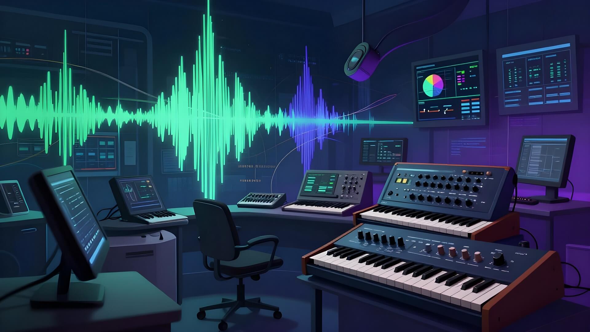 Image of Music studio and audio company hybrid composition space by Pan Athen via NightCafe.