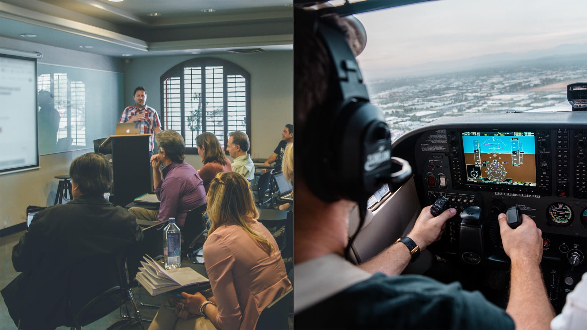 A collage with two images side-to-side showing a seminar given to an adult audience in a classroom and an over-the-shoulder view of a pilot in the cockpit flying an aircraft, used here as a metaphor that by continuously learning you can stay in control of your career.