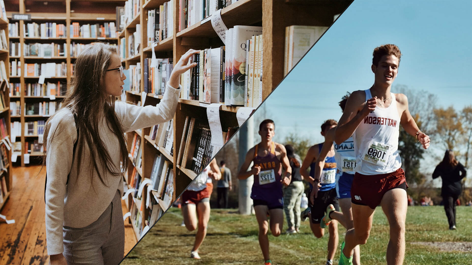 A collage with two images side-to-side showing a girl searching for books in library shelves and athletes in running competition, used here as a metaphor that reading books is equivalent to running faster than the rest.