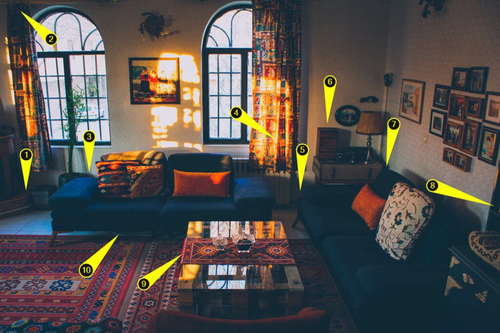 Image of Speaker placement examples on colorful rustik living room.