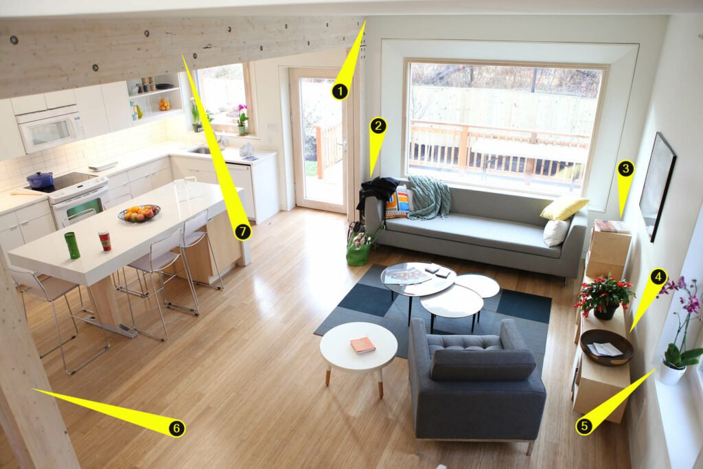 Image of Speaker placement examples on living room and kitchen from the corner above.
