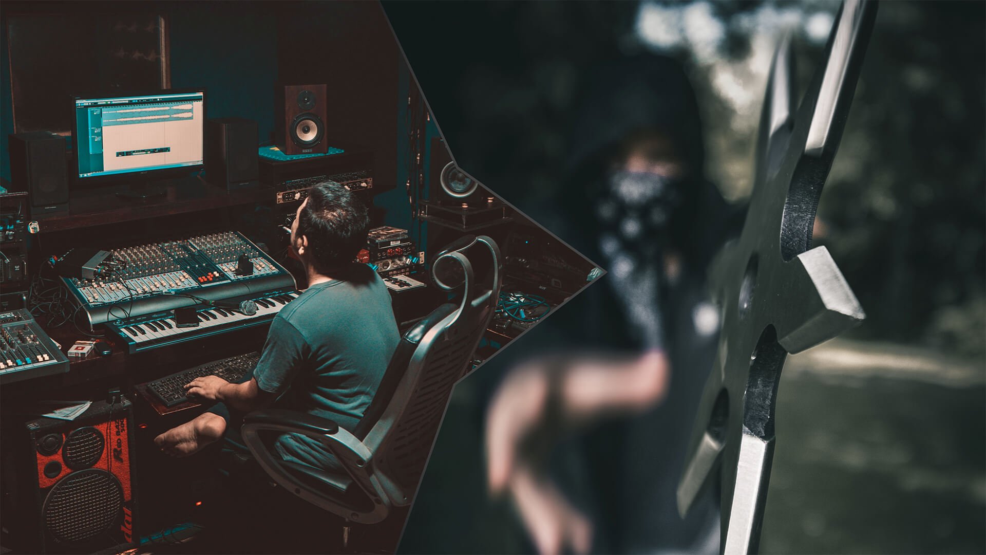 A collage with two images side-to-side showing an audio engineer sitting in a control room of a recording studio and a ninja throwing a star shuriken, used here as a metaphor that by specializing to a specific field of your sector will become a master of your craft.