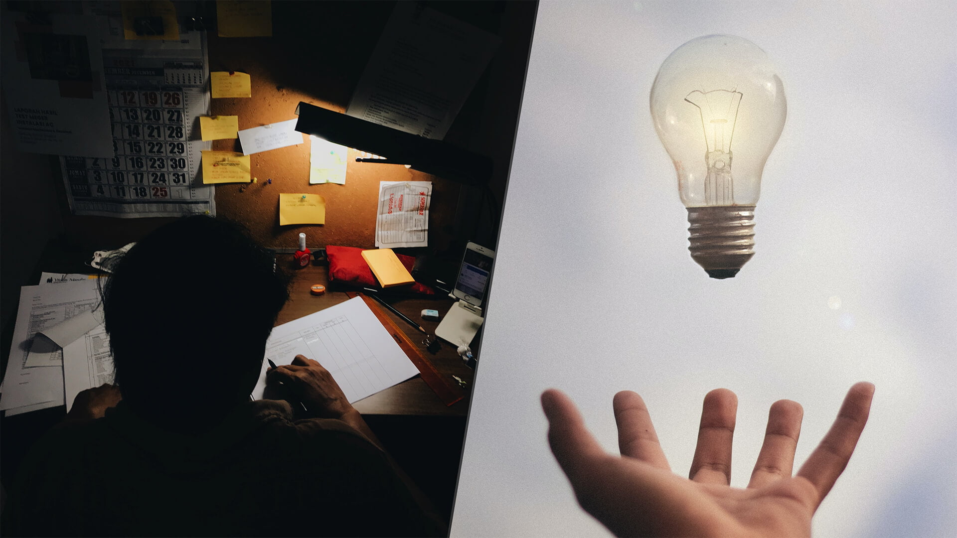 A collage with two images side-to-side showing an over-the-shoulder view of a man working late and his desk full of paperwork and a light bulb levitating above an open palm, used here as a metaphor that you should respect the work that you have done and value it when you are exchanging with a client for profit.