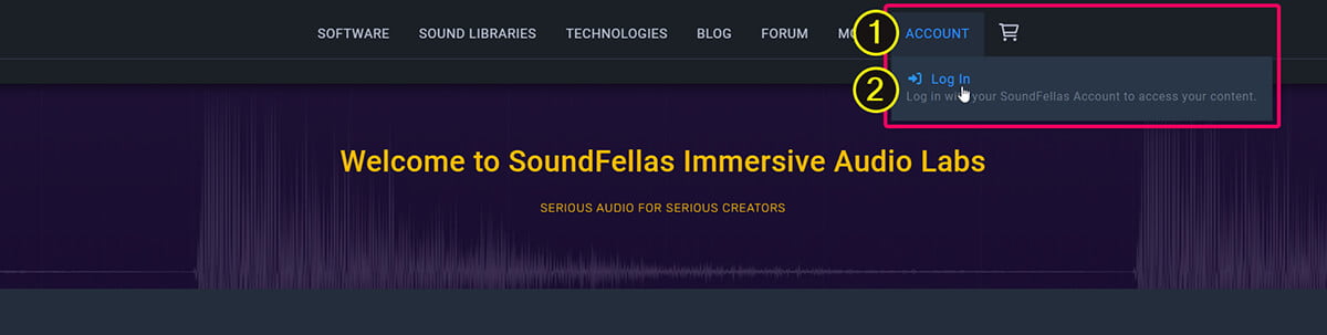 Screenshot of the SoundFellas website's main menu navigation with the links to go to the login page highlighted.
