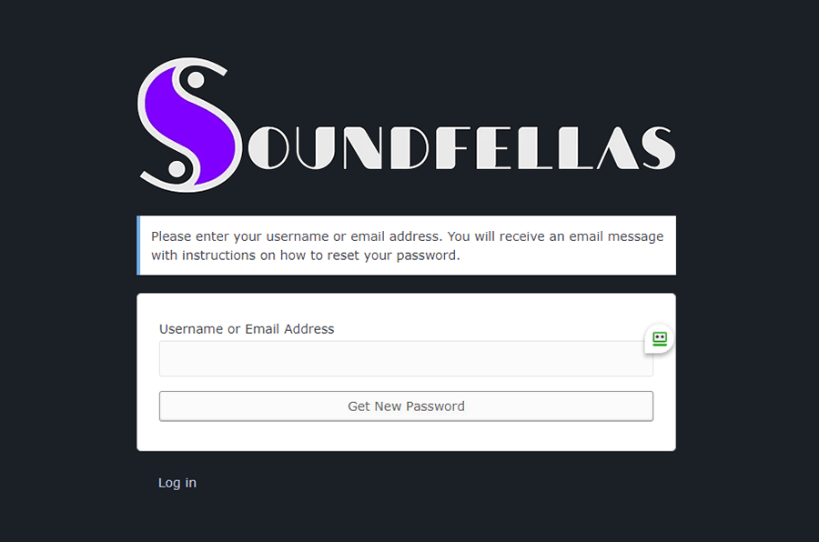 Screenshot of the SoundFellas website's account password reset page.